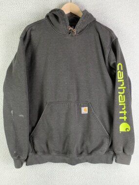 Carhartt Hoodie Mens Medium Gray Green Loose Fit Midweight Logo Sleeve Workwear